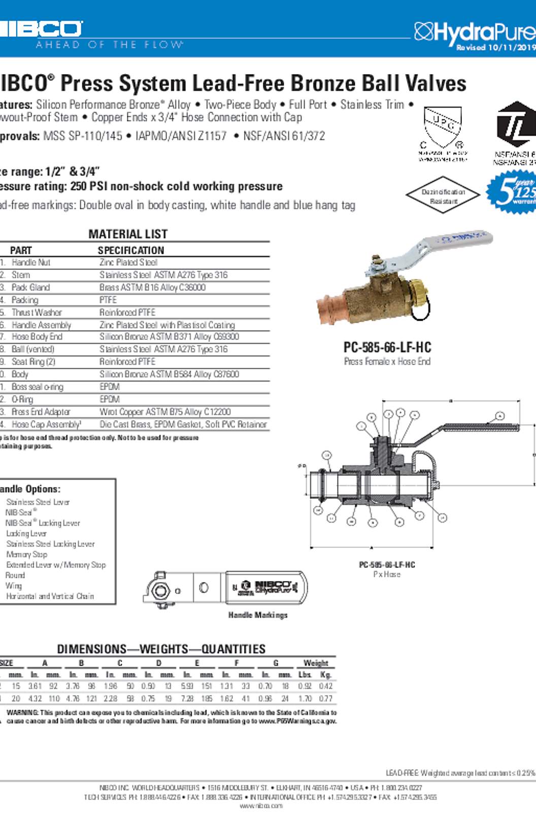 NIBCO PC-585-66-LF-HC Press System Lead-Free Bronze Ball Valves Submittal