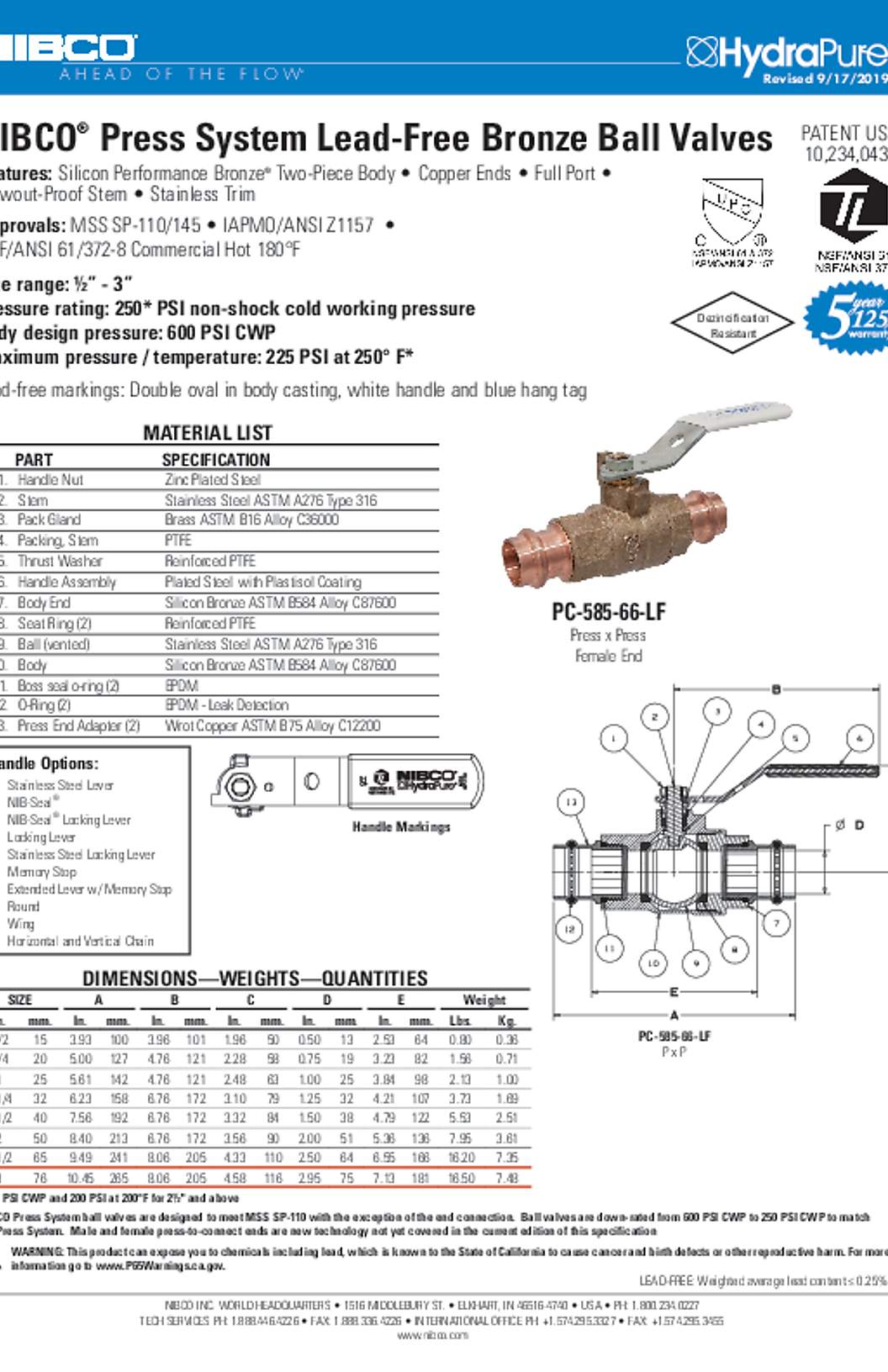 NIBCO PC-585-66-LF Press System Lead-Free Bronze Ball Valves Submittal