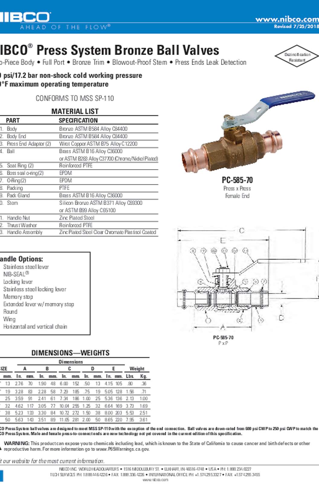 NIBCO PC-585-70 Press System Bronze Ball Valves Submittal