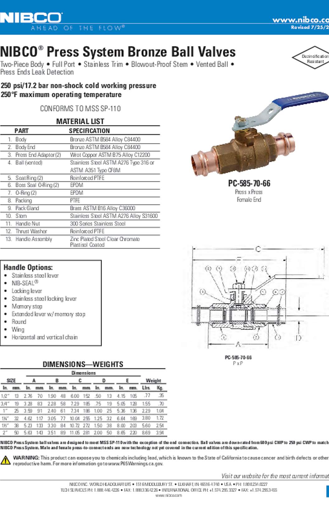 NIBCO PC-585-70-66 Press System Bronze Ball Valves Submittal