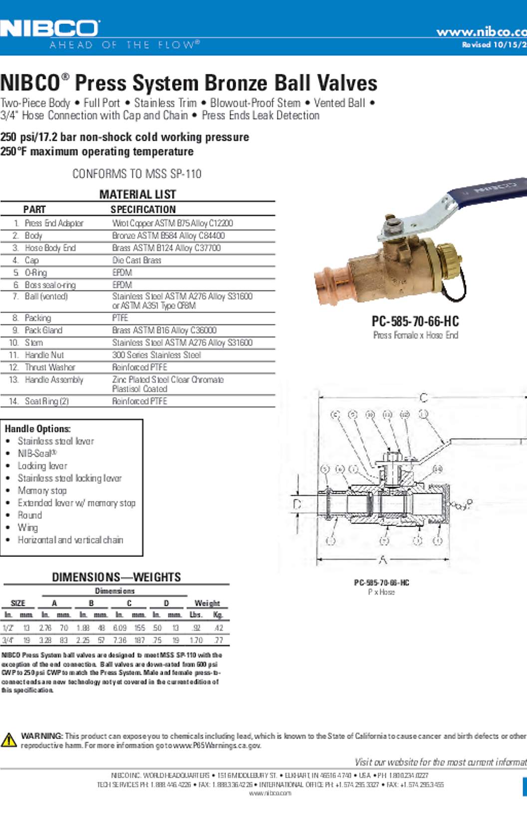 NIBCO PC-585-70-66-HC Press System Bronze Ball Valves Submittal