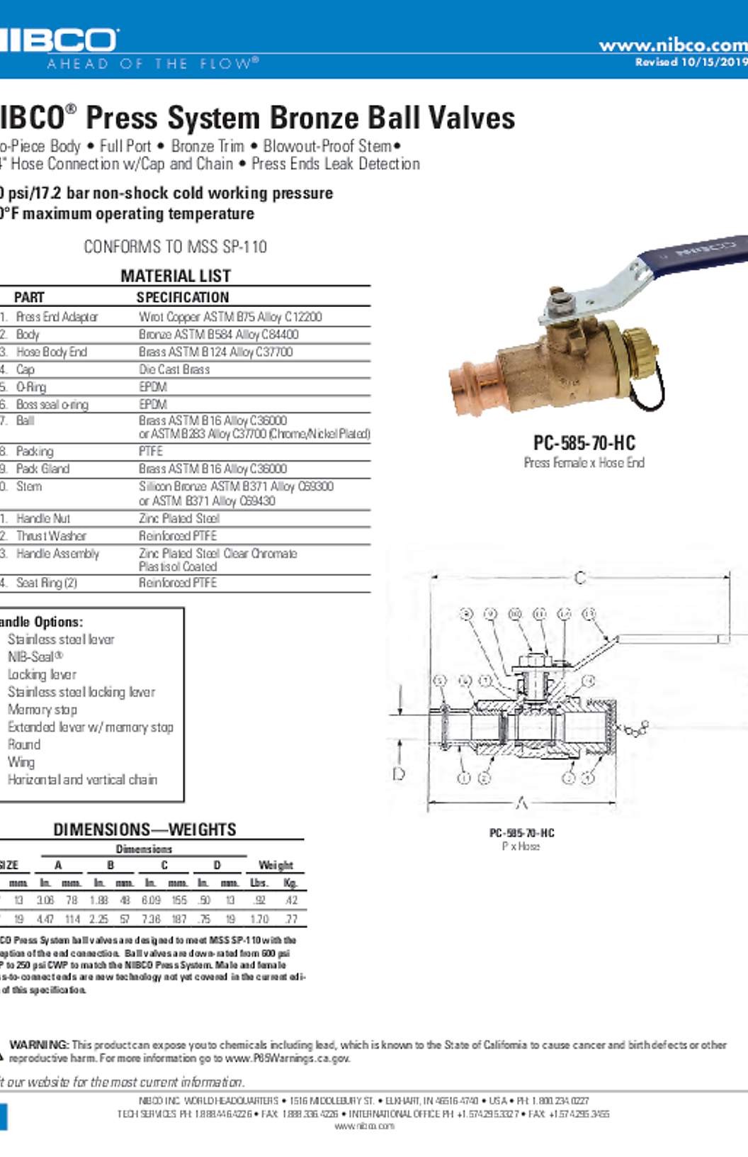 NIBCO PC-585-70-HC Press System Bronze Ball Valves Submittal