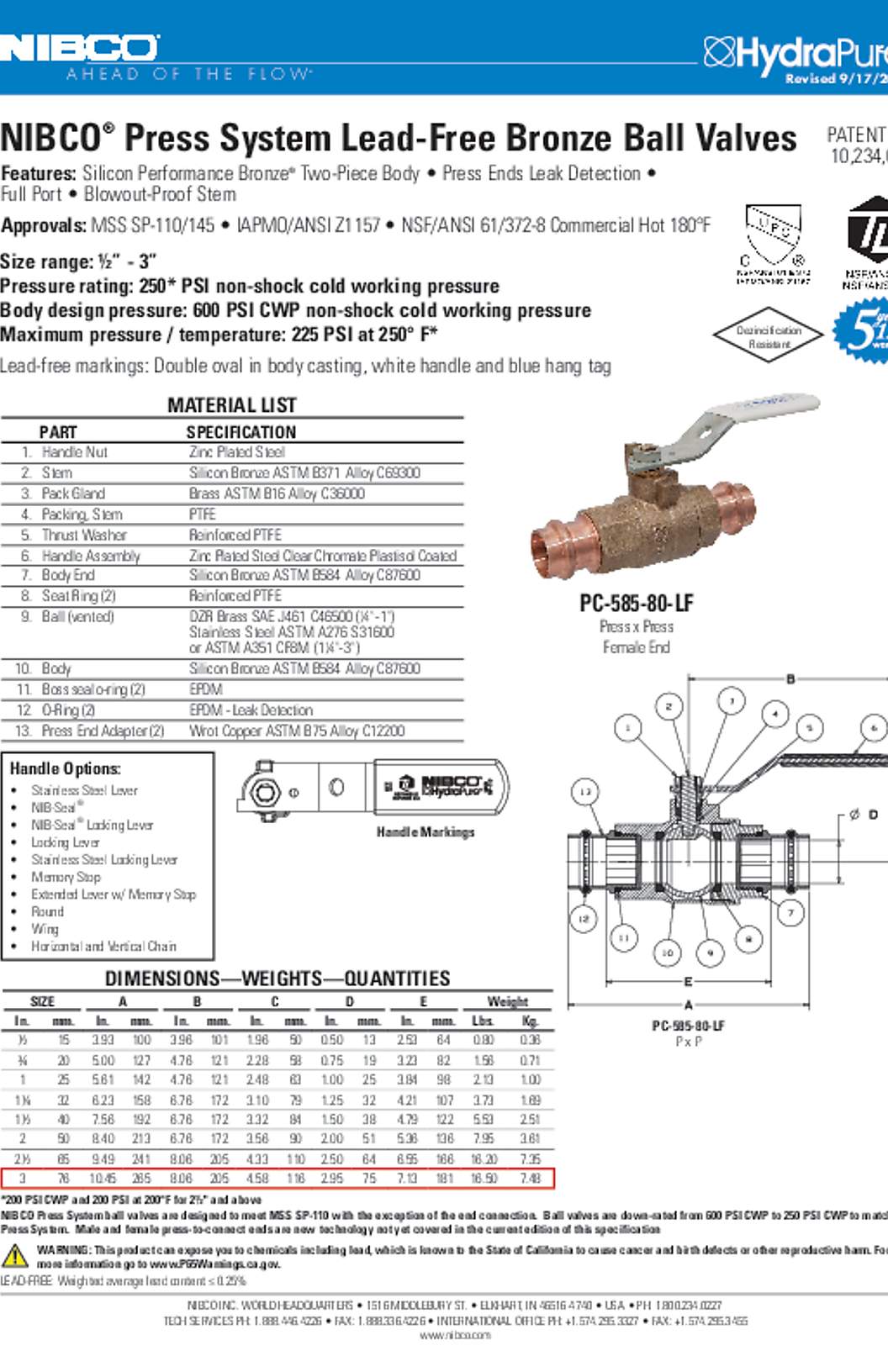 NIBCO PC-585-80-LF Press System Lead-Free Bronze Ball Valves Submittal