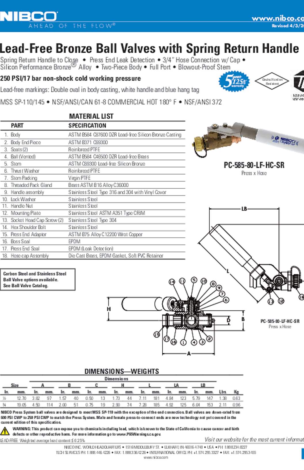 NIBCO PC-585-80-LF-HC-SR Lead-Free Bronze Ball Valves with Spring Return Handle