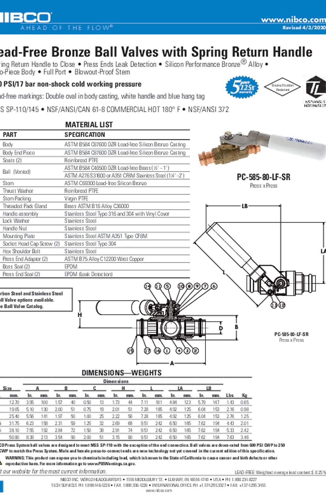 NIBCO PC-585-80-LF-SR Lead-Free Bronze Ball Valves with Spring Return Handle