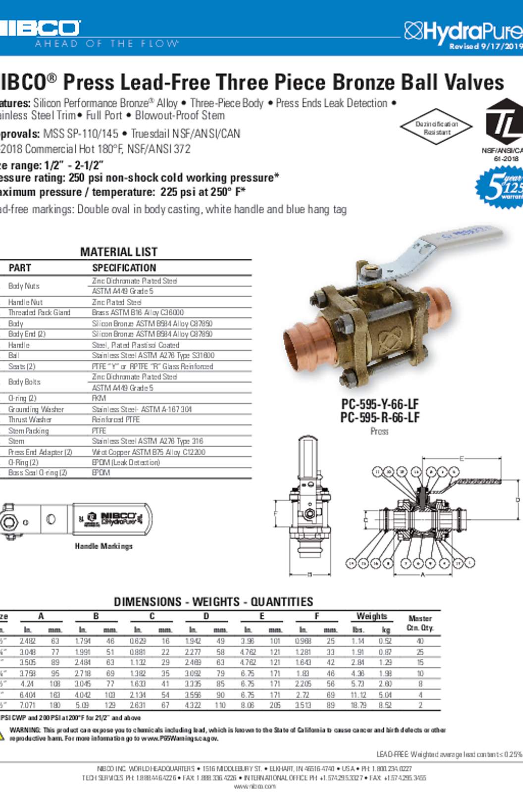 NIBCO PC-595-66-Y-LF & PC-595-R-66-LF Press Lead-Free Three Piece Bronze Ball Valves Submittal
