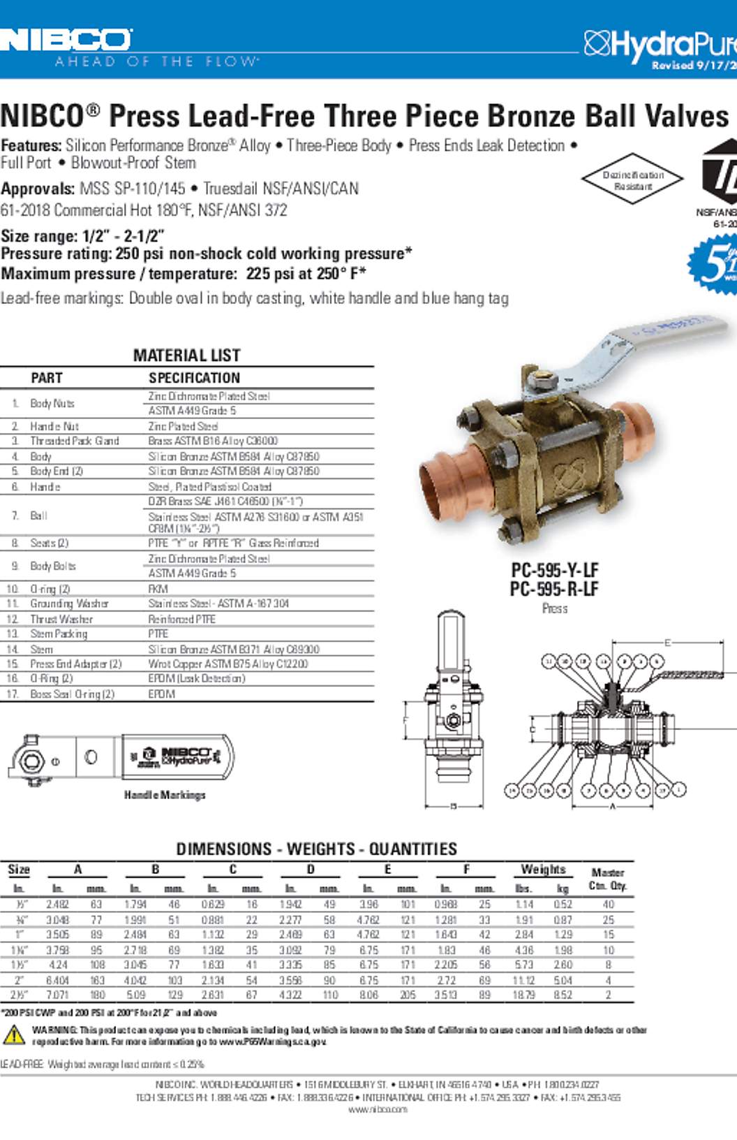 NIBCO PC-595-Y-LF & PC-595-R-LF Press Lead-Free Three Piece Bronze Ball Valves Submittal