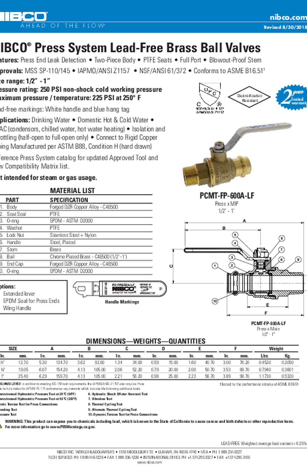 NIBCO PCMT-FP-600A-LF Press System Lead-Free Brass Ball Valves Submittal