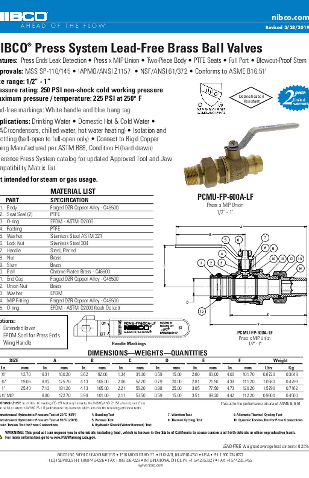 NIBCO PCMU-FP-600A-LF Press System Lead-Free Brass Ball Valves Submittal
