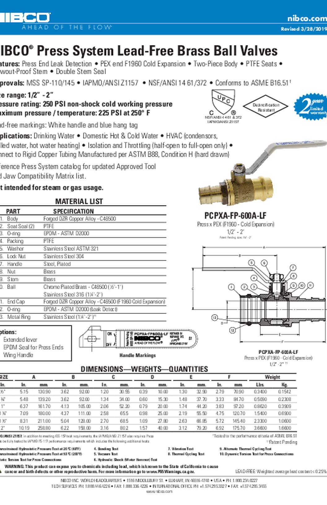 NIBCO PCPXA-FP-600A-LF Press System Lead-Free Brass Ball Valves Submittal
