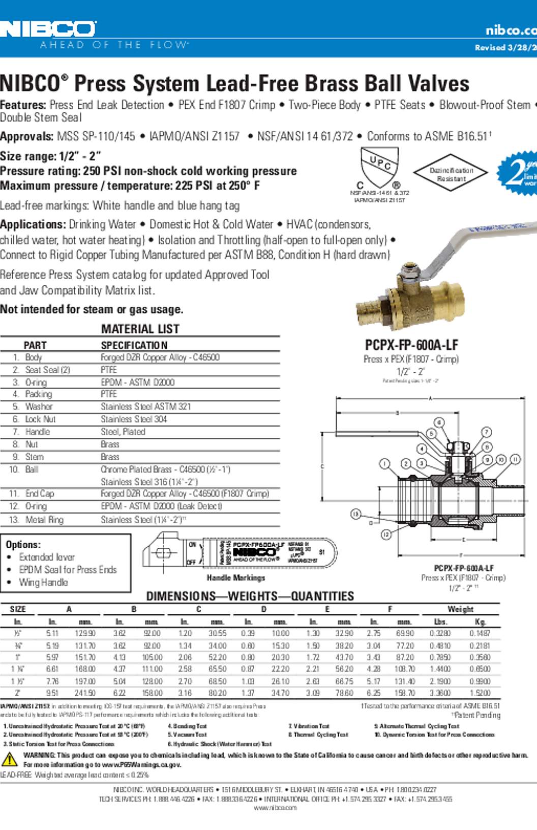 NIBCO PCPX-FP-600A-LF Press System Lead-Free Brass Ball Valves Submittal
