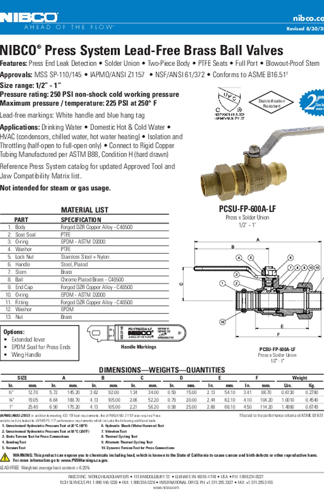 NIBCO PCSU-FP-600A-LF Press System Lead-Free Brass Ball Valves Submittal