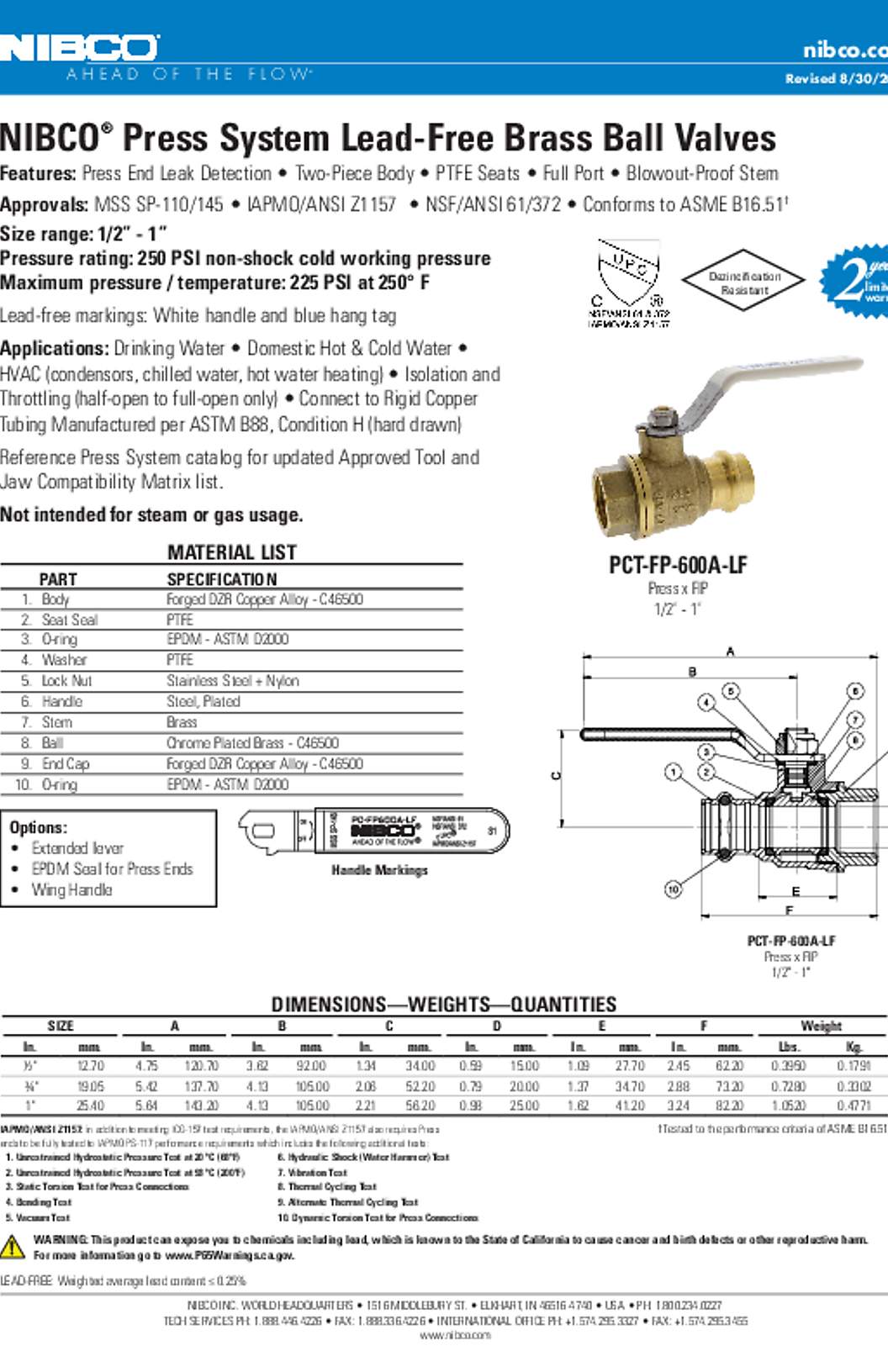 NIBCO PCT-FP-600A-LF Press System Lead-Free Brass Ball Valves Submittal