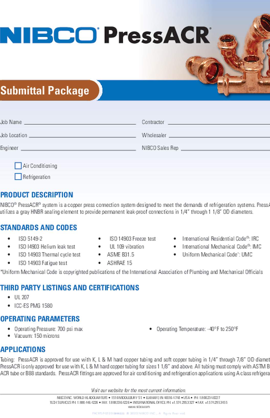 NIBCO PressACR® Submittal Package