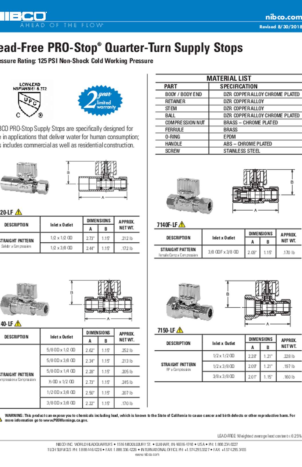 NIBCO Lead-Free PRO-Stop Quarter-Turn Supply Stops Spec Sheet