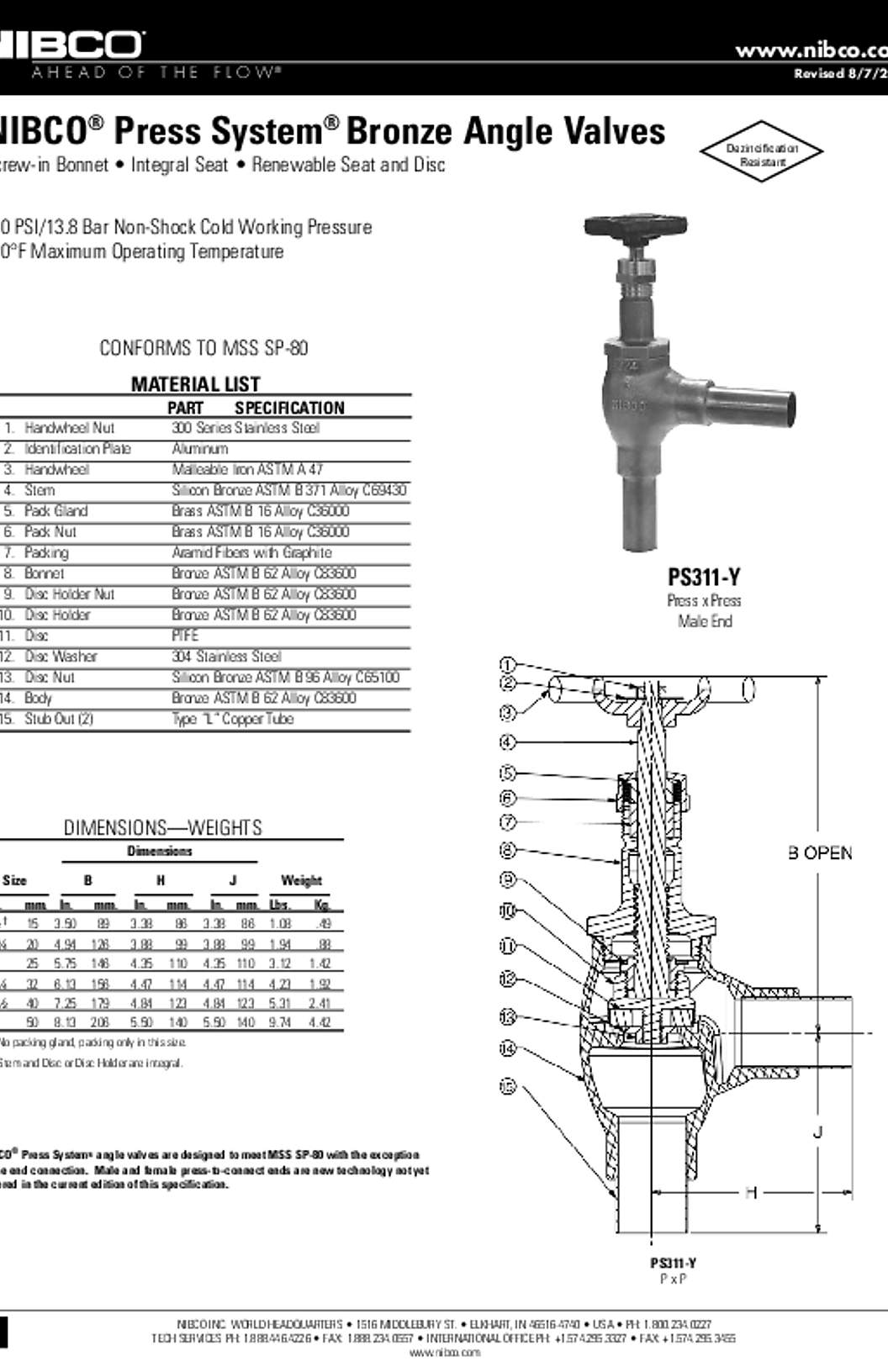 NIBCO PS311-Y Press System Bronze Angle Valves Submittal
