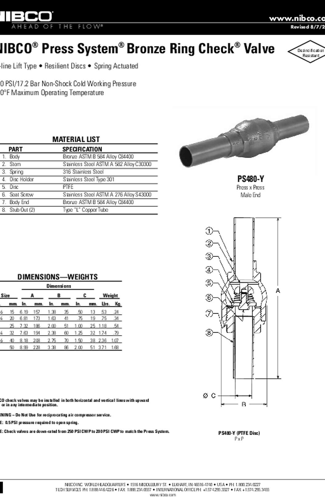 NIBCO PS480-Y Press System Bronze Ring Check Valves Submittal
