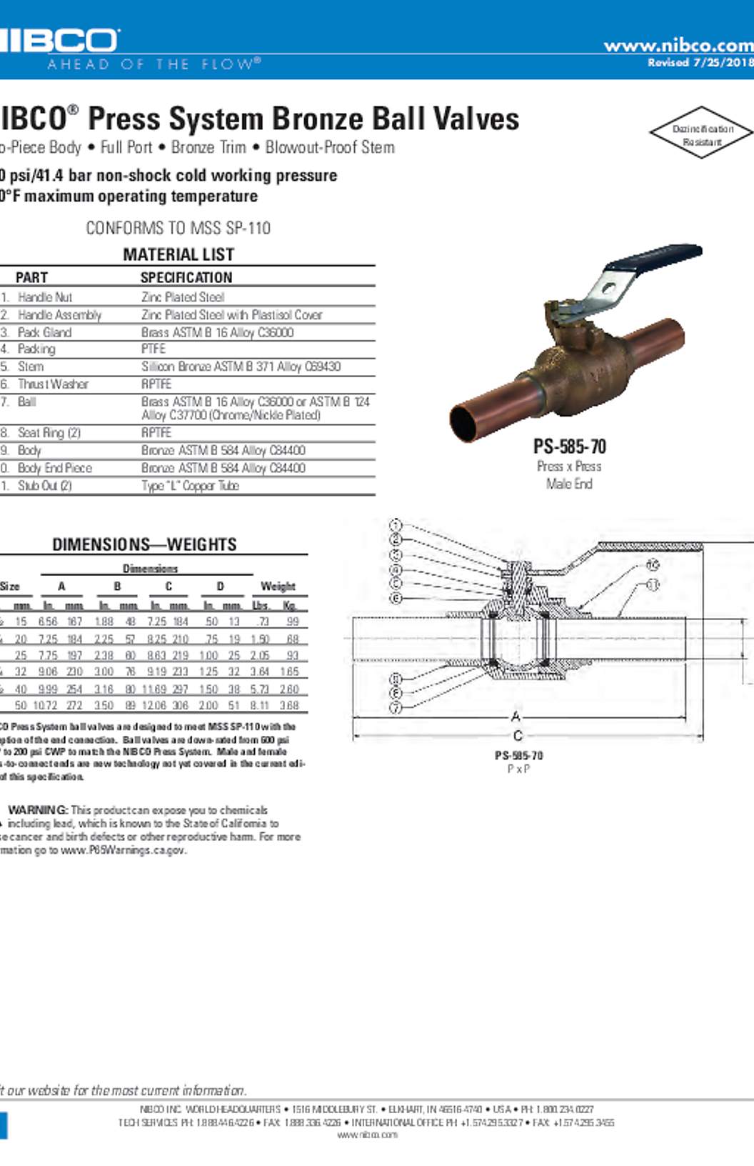 NIBCO PS-585-70 Press System Bronze Ball Valves Submittal