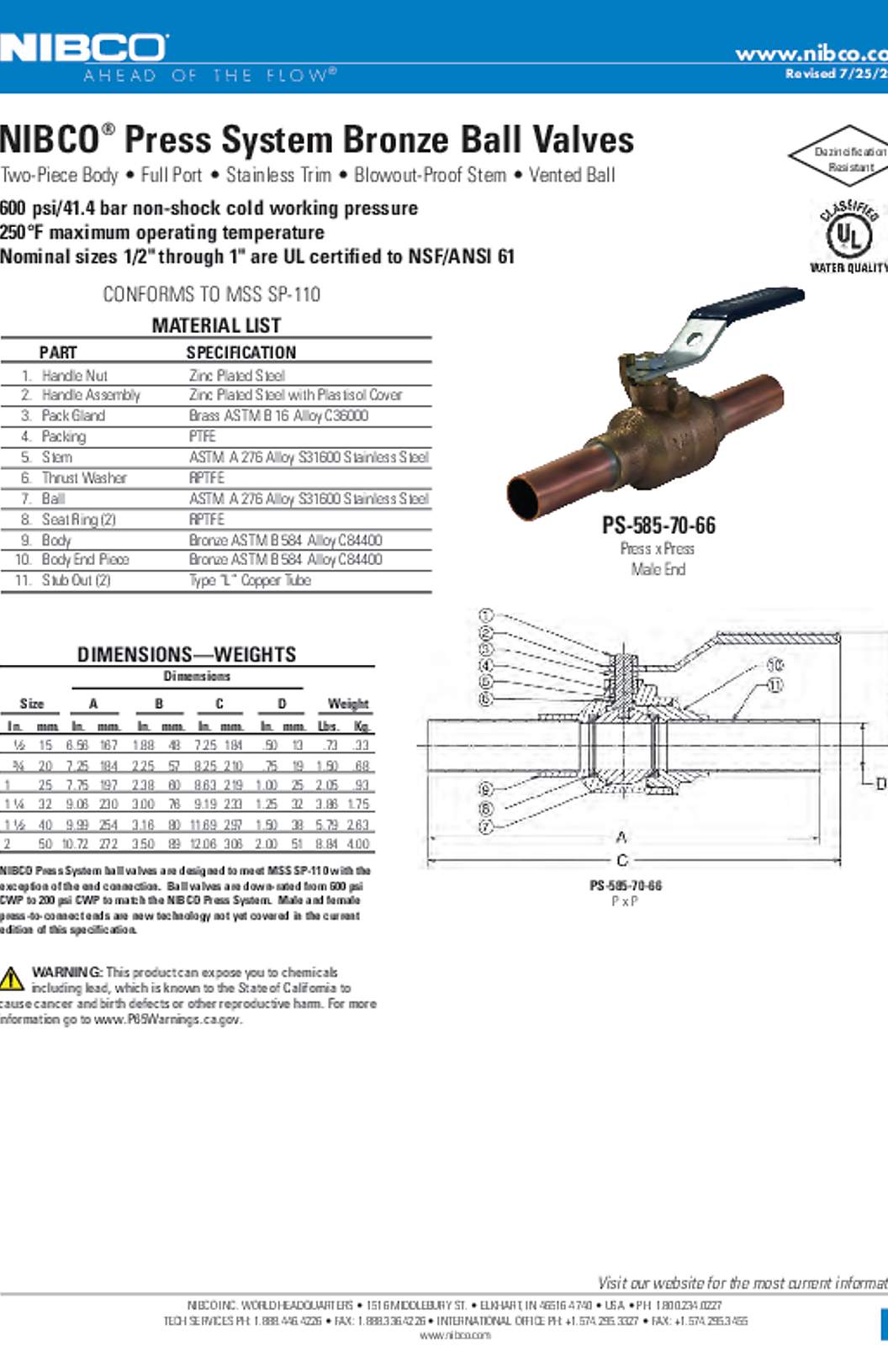NIBCO PS-585-70-66 Press System Bronze Ball Valves Submittal