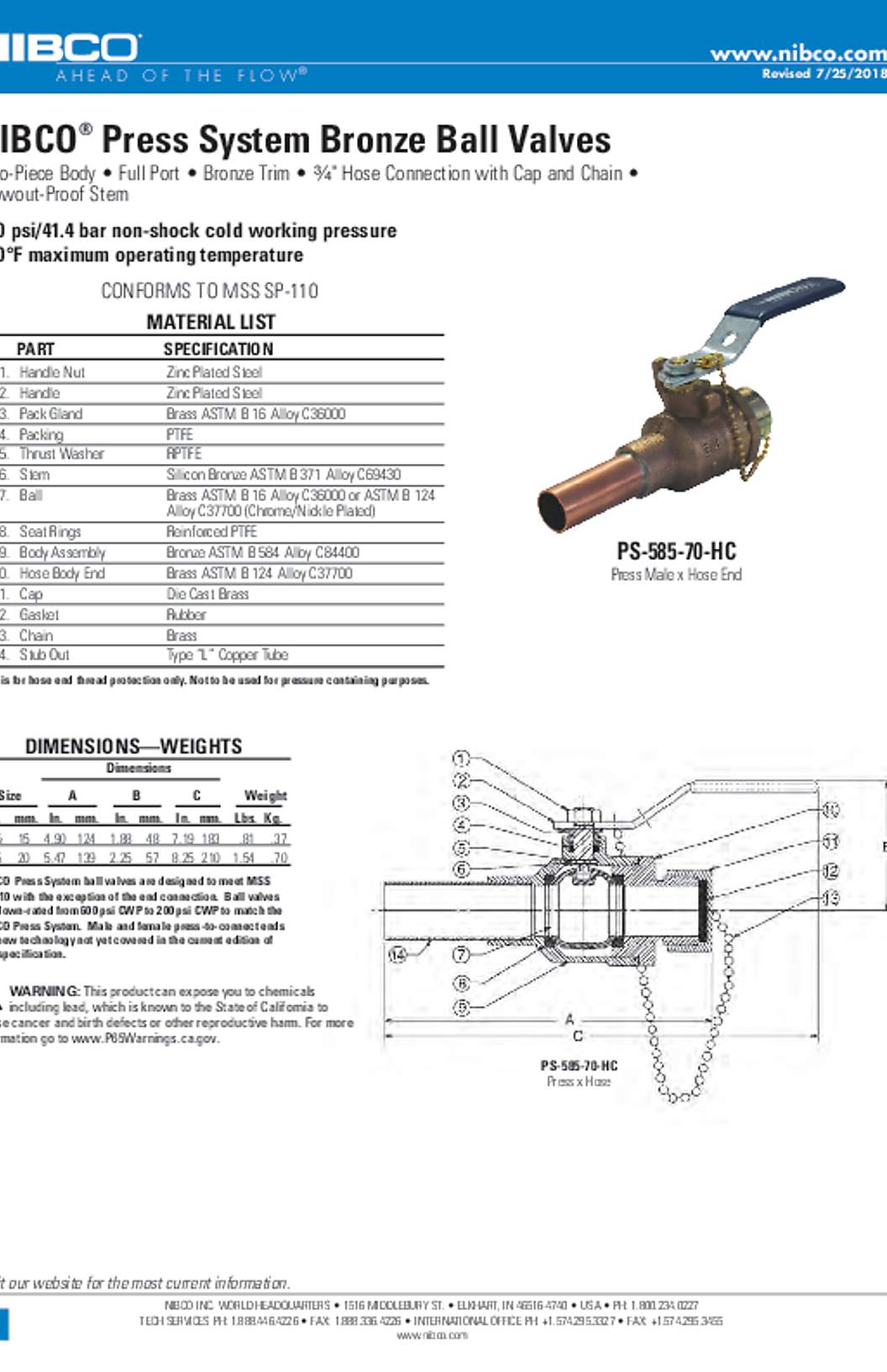 NIBCO PS-585-70-HC Press System Bronze Ball Valves Submittal