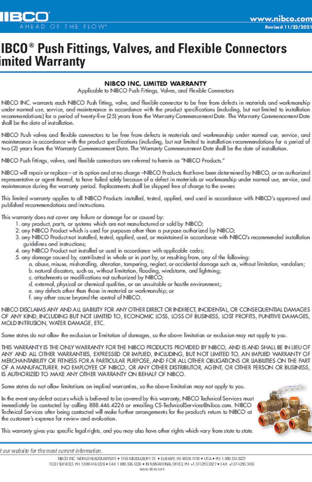 NIBCO Push Fittings, Valves, and Flexible Connectors Warranty