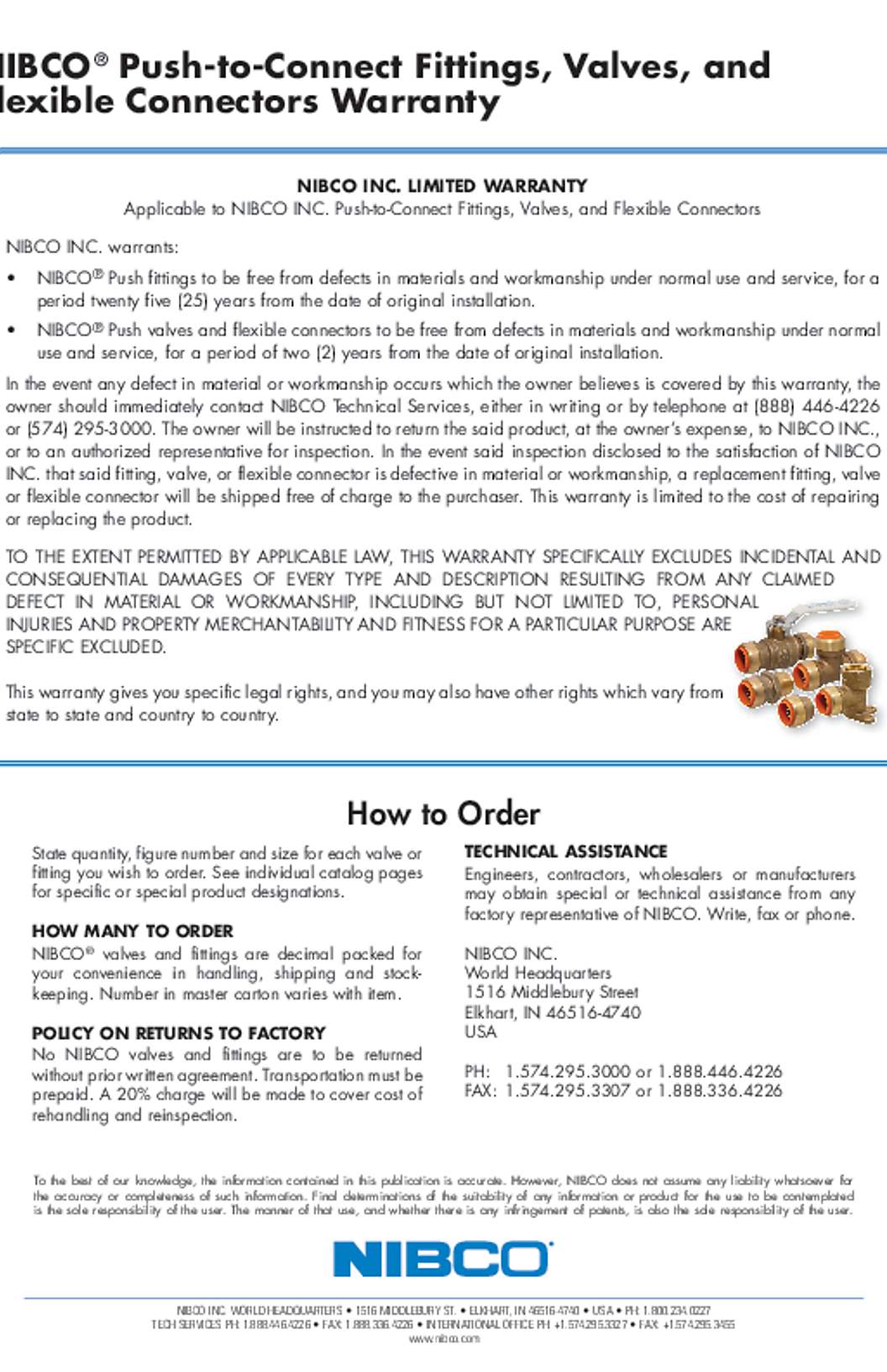 NIBCO Push-to-Connect Fittings, Valves, and Flexible Connectors Warranty