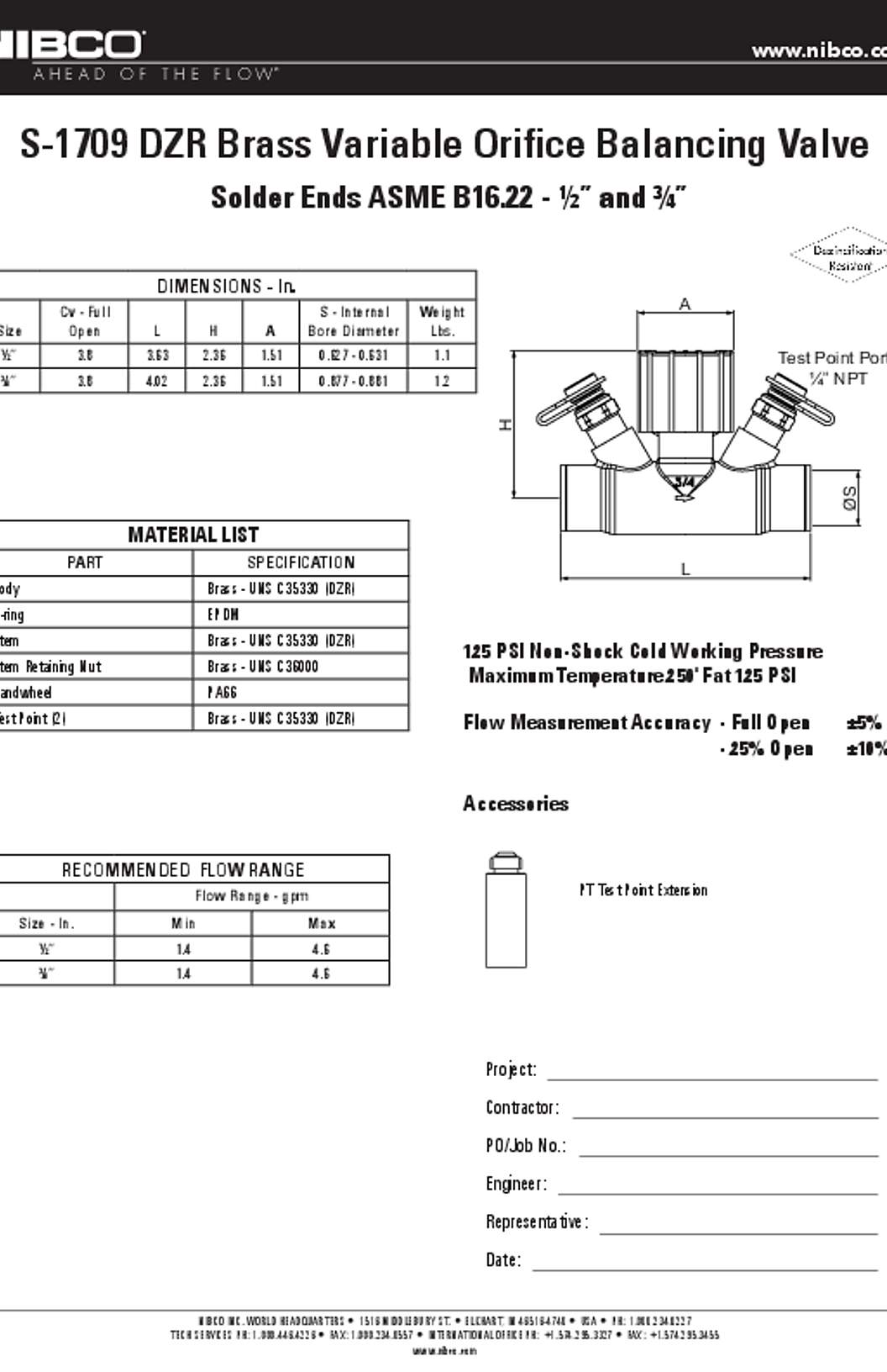 NIBCO S-1709 DZR Brass Variable Orifice Balancing Valve Submittal
