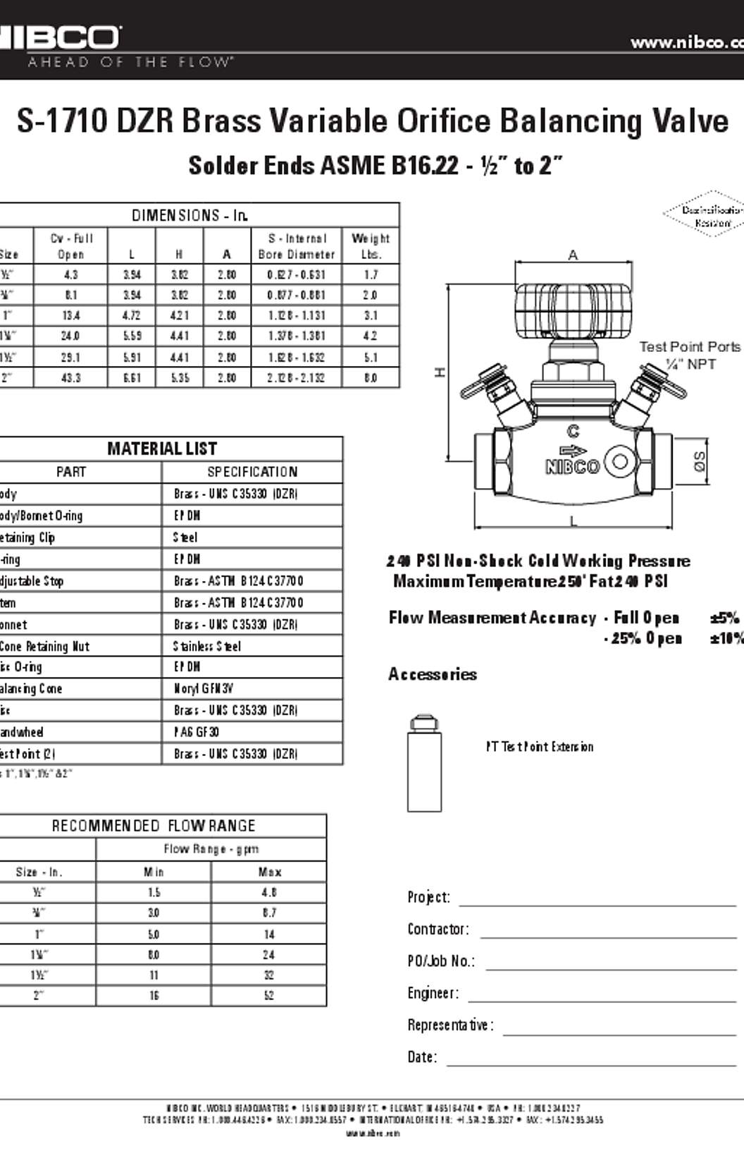 NIBCO S-1710 DZR Brass Variable Orifice Balancing Valve Submittal