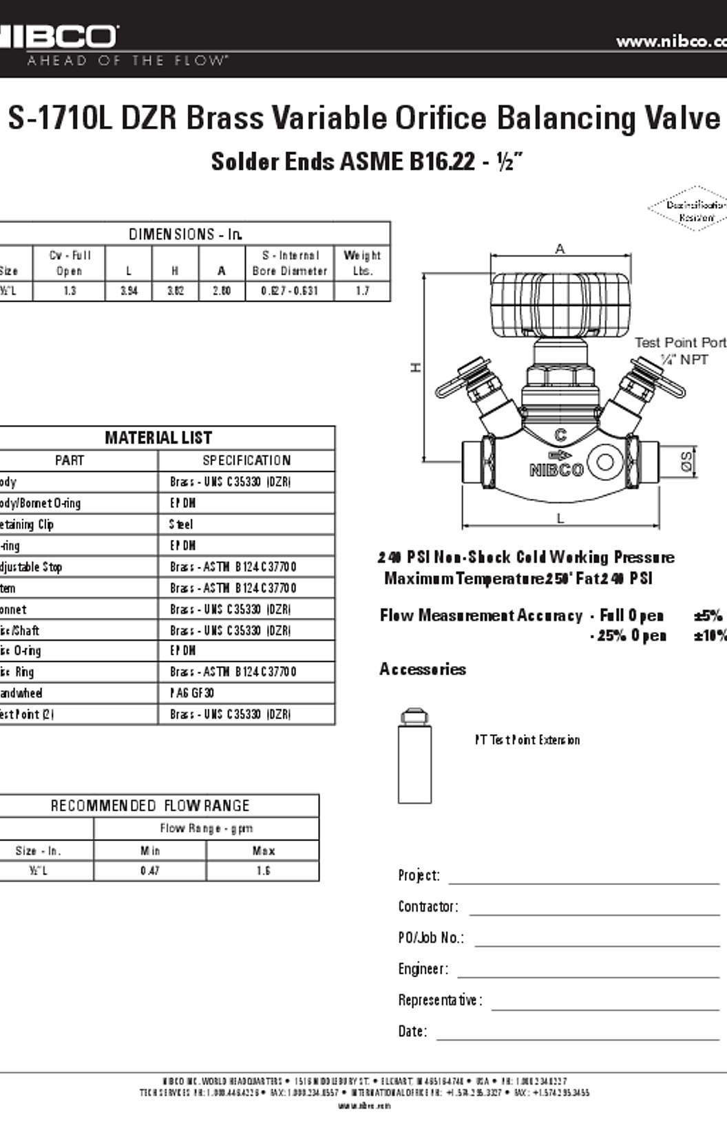 NIBCO S-1710L DZR Brass Variable Orifice Balancing Valve Submittal