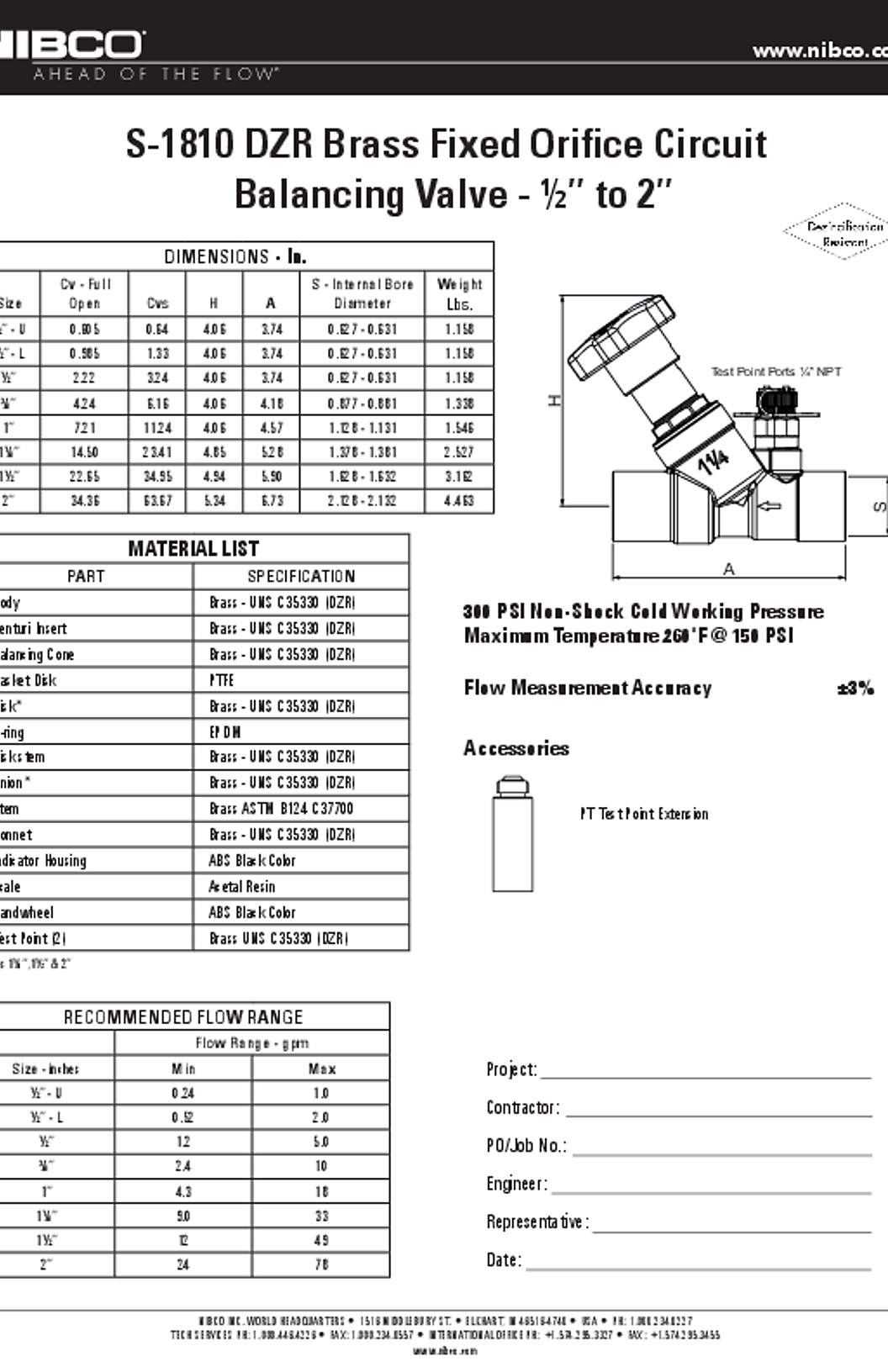 NIBCO S-1810 DZR Brass Fixed Orifice Circuit Balancing Valve Submittal