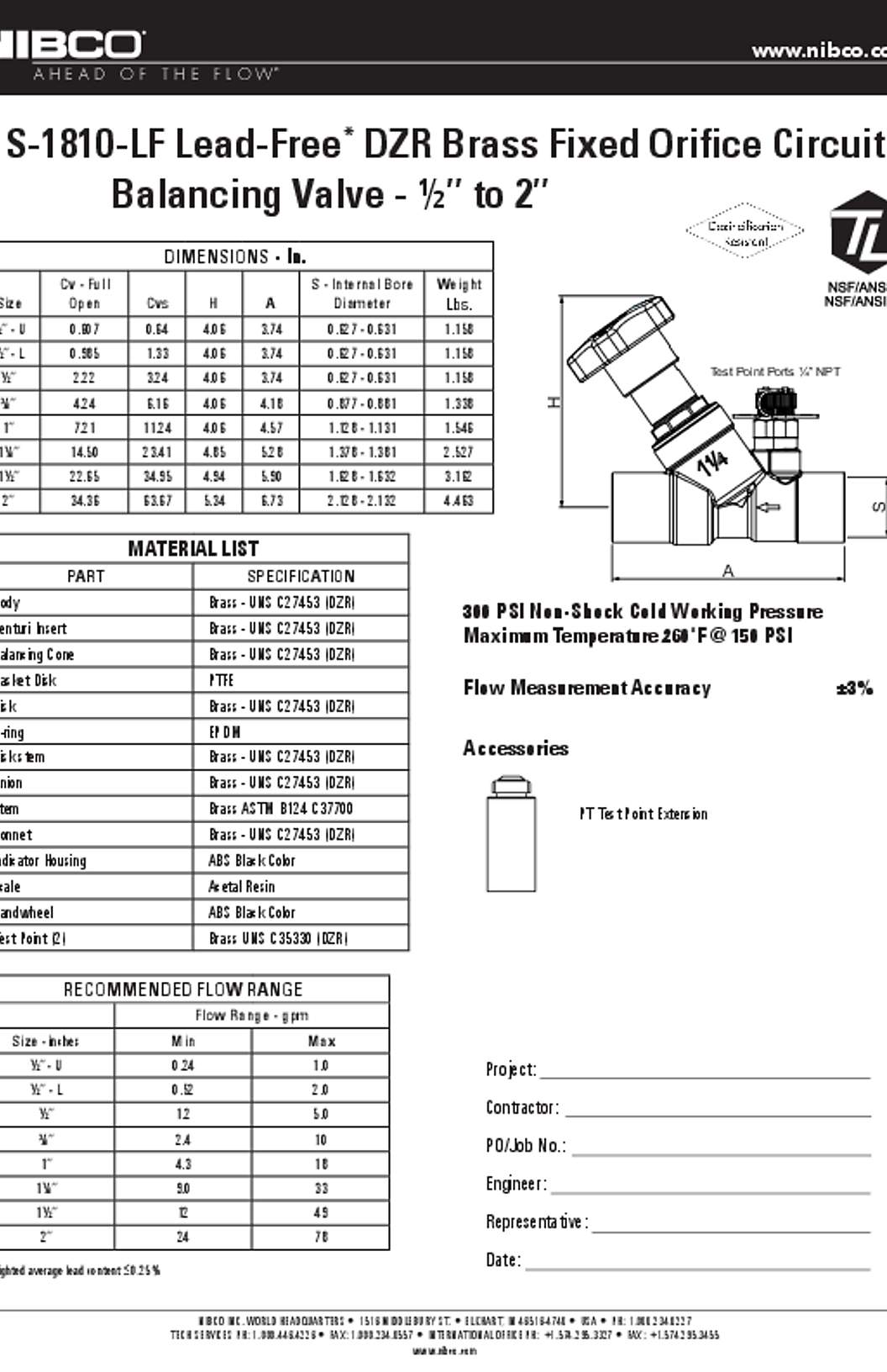 NIBCO S-1810-LF Lead-Free DZR Brass Fixed Orifice Circuit Balancing Valve Submittal