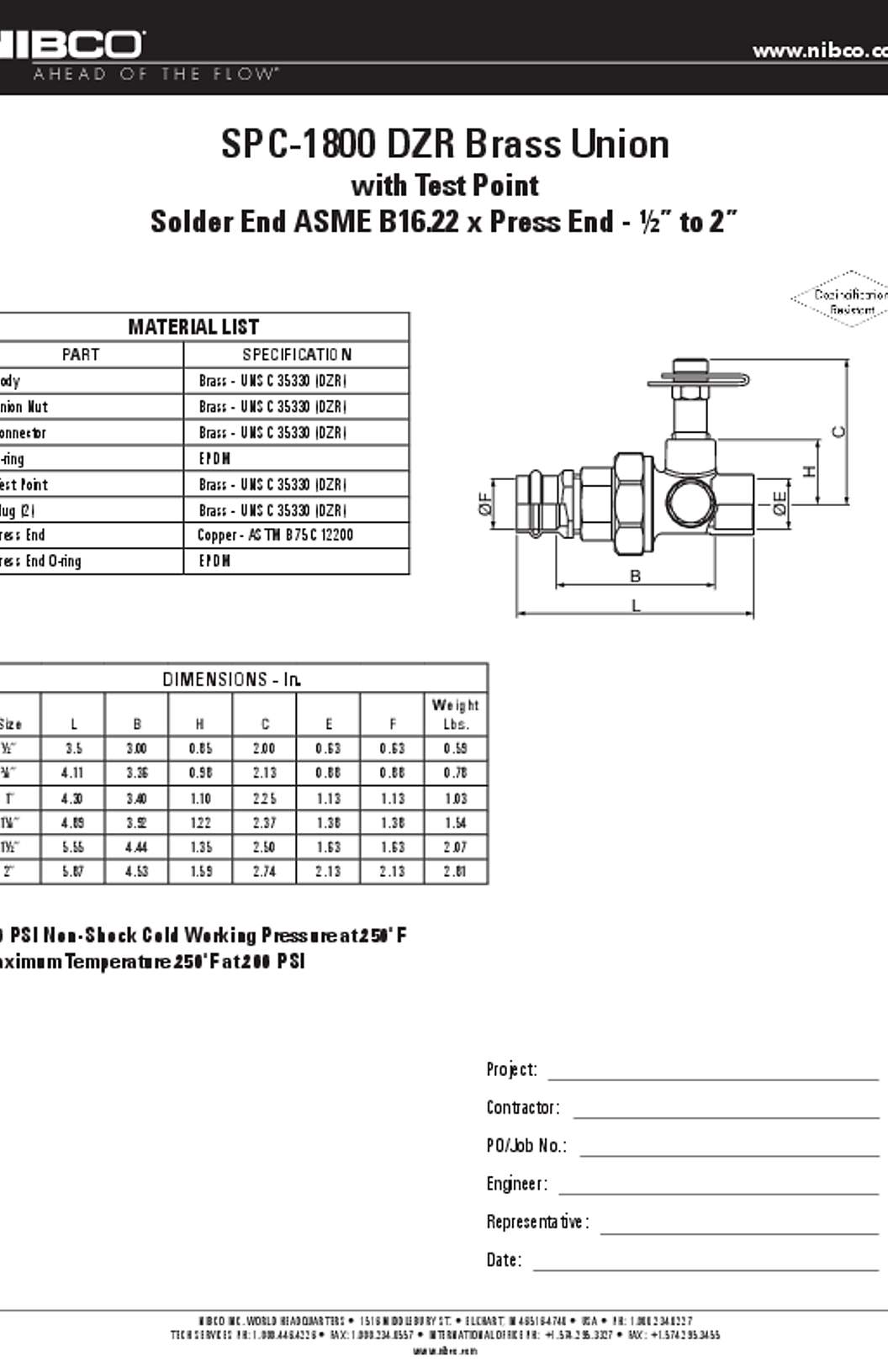 NIBCO SPC-1800 DZR Brass Union Submittal