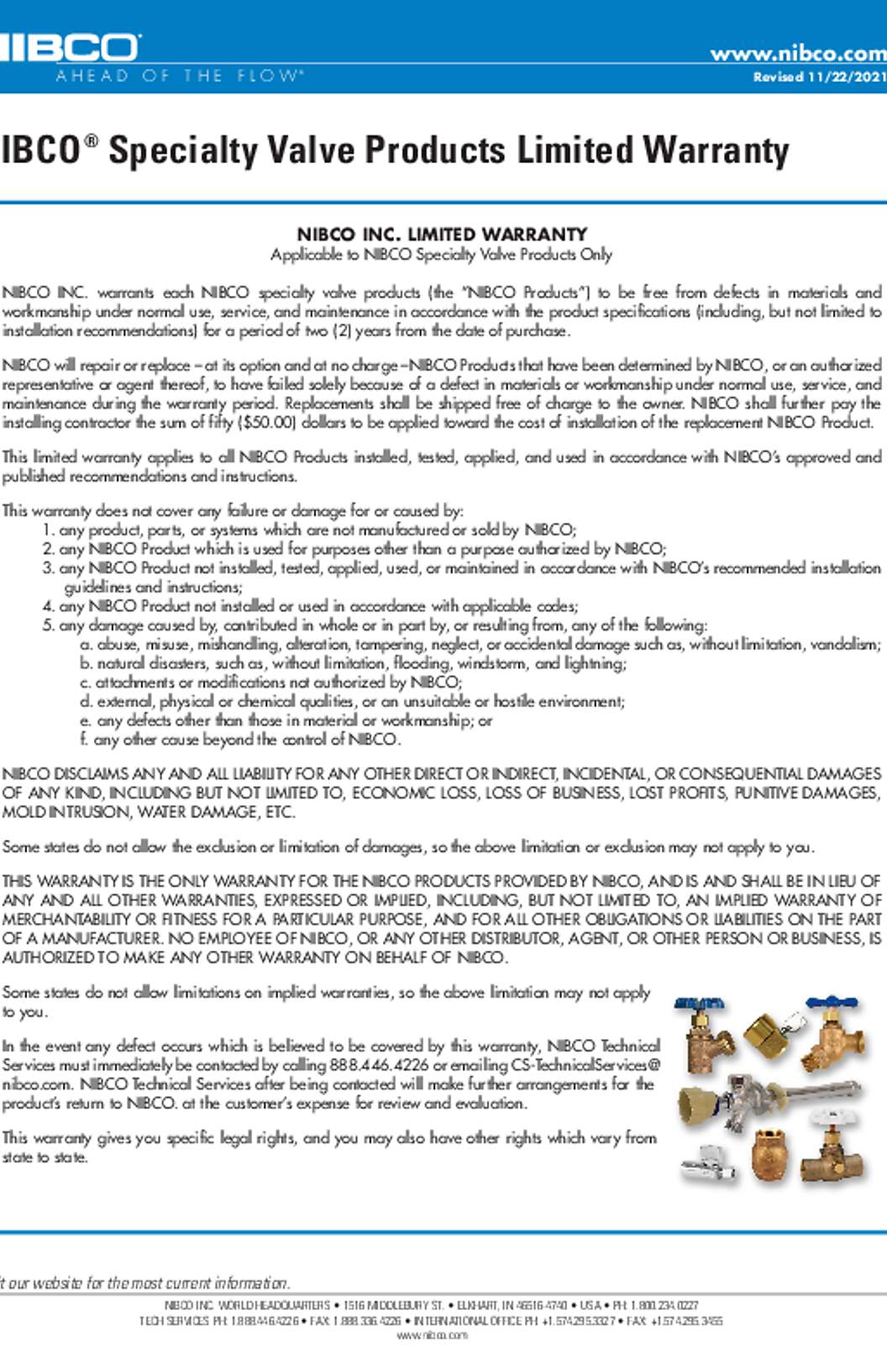 NIBCO Specialty Valve Product Warranty