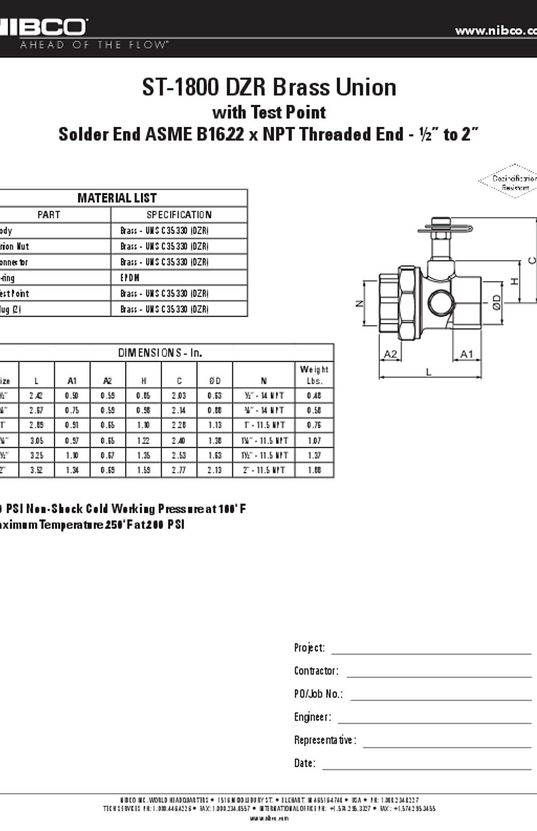 NIBCO ST-1800 DZR Brass Union Submittal