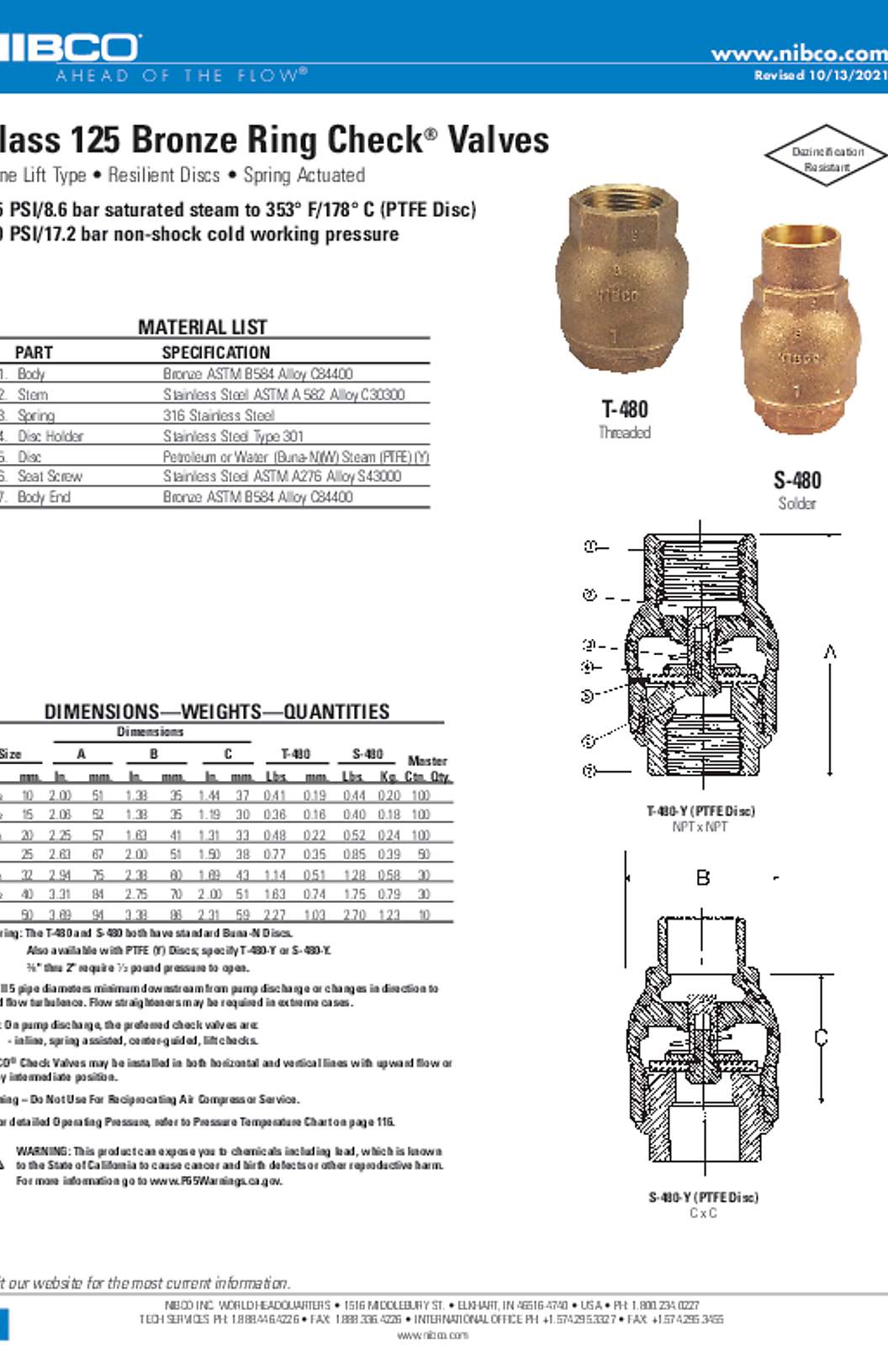 NIBCO T/S-480 Spec Sheet