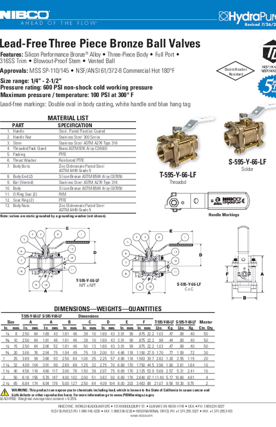 NIBCO T/S-595-Y-66-LF Spec Sheet