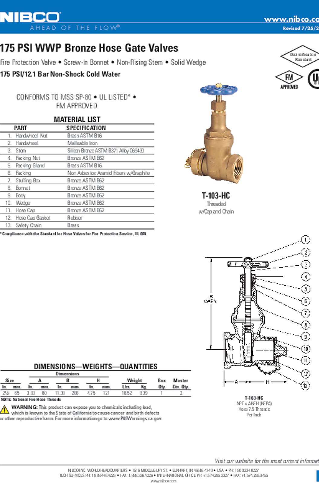 NIBCO T-103-HC 175 PSI WWP Bronze Hose Gate Valves Submittal