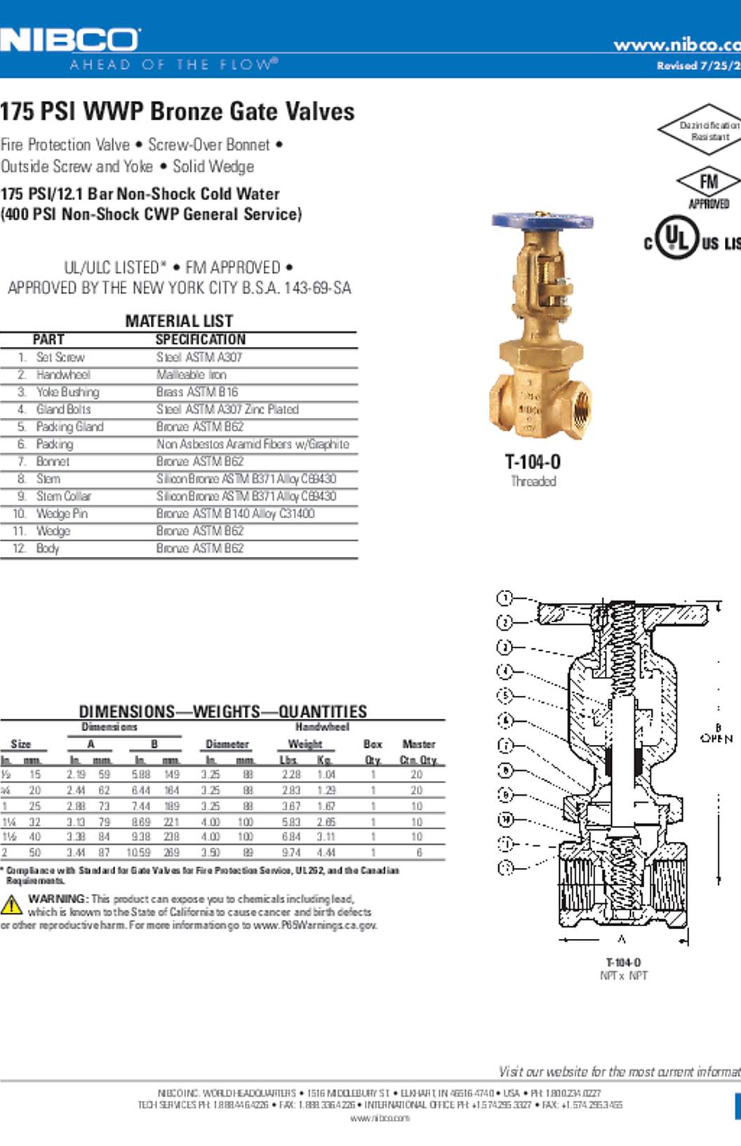 NIBCO T-104-O 175 PSI WWP Bronze Gate Valves Submittal