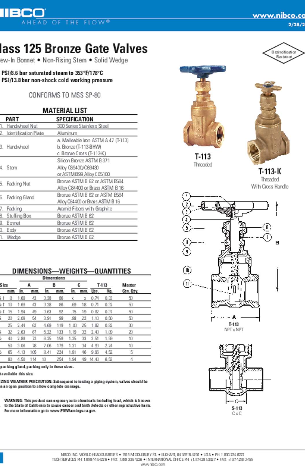 NIBCO T-113 & T-113-K Class 125 Bronze Gate Valves Submittal