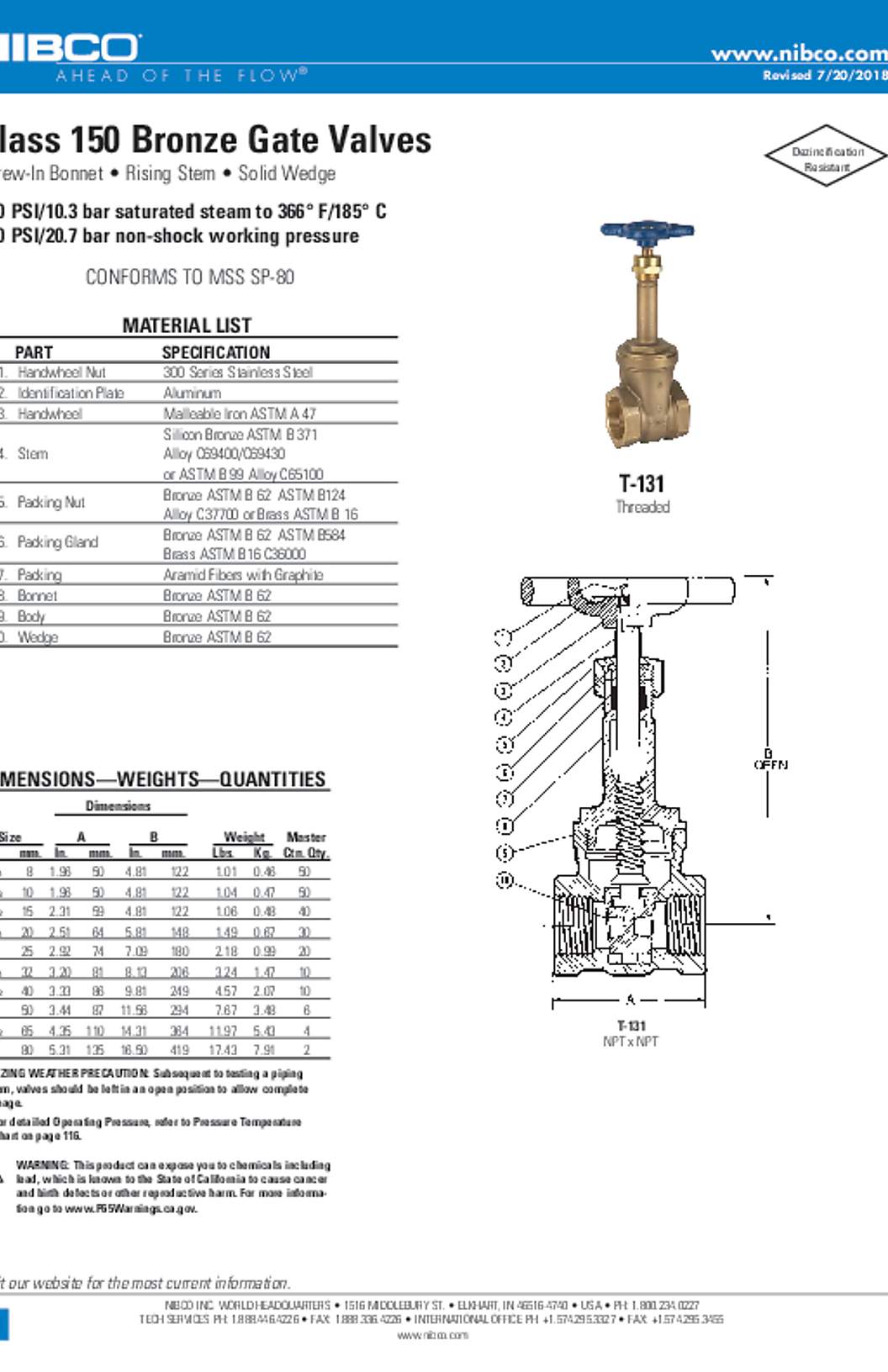 NIBCO T-131 Class 150 Bronze Gate Valves Submittal