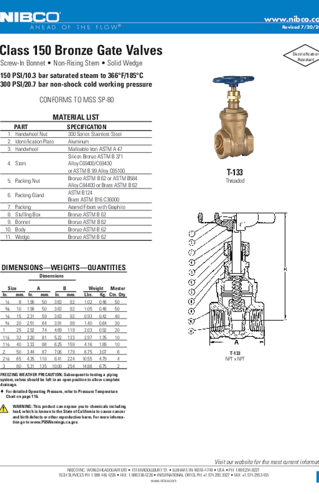 NIBCO T-133 Class 150 Bronze Gate Valves Submittal