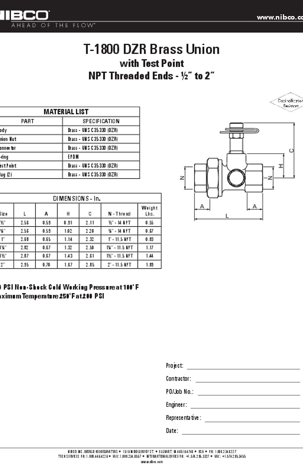 NIBCO T-1800 DZR Brass Union Submittal