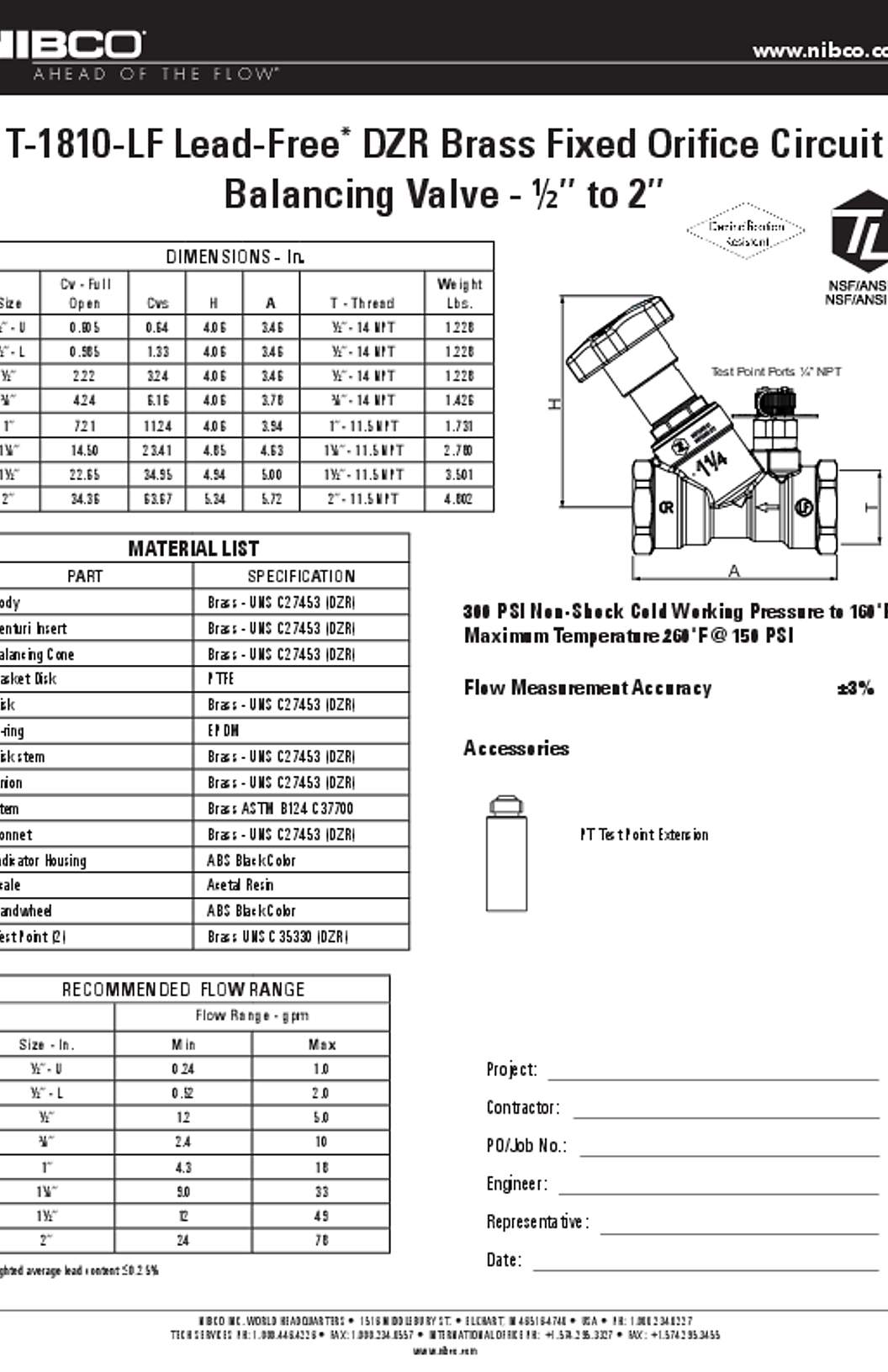 NIBCO T-1810-LF DZR Brass Fixed Orifice Circuit Balancing Valve Submittal