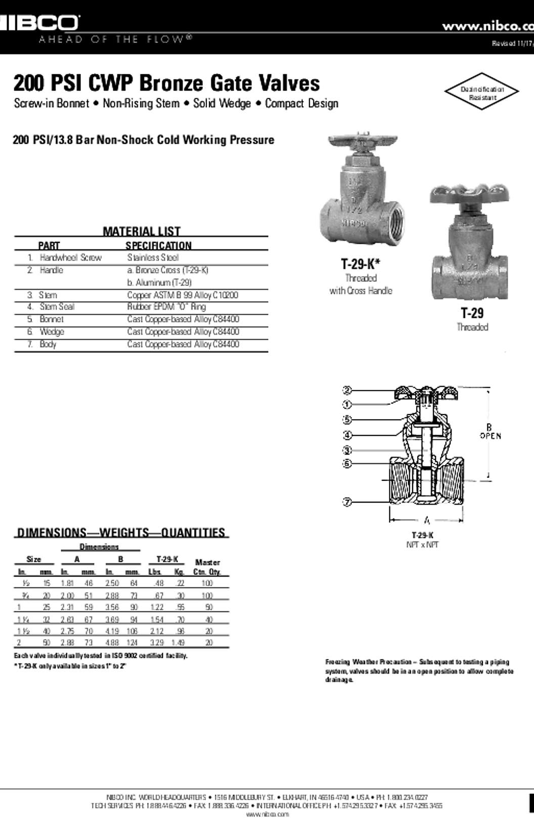 NIBCO T-29-K & T-29 200 PSI CWP Bronze Gate Valves Submittal