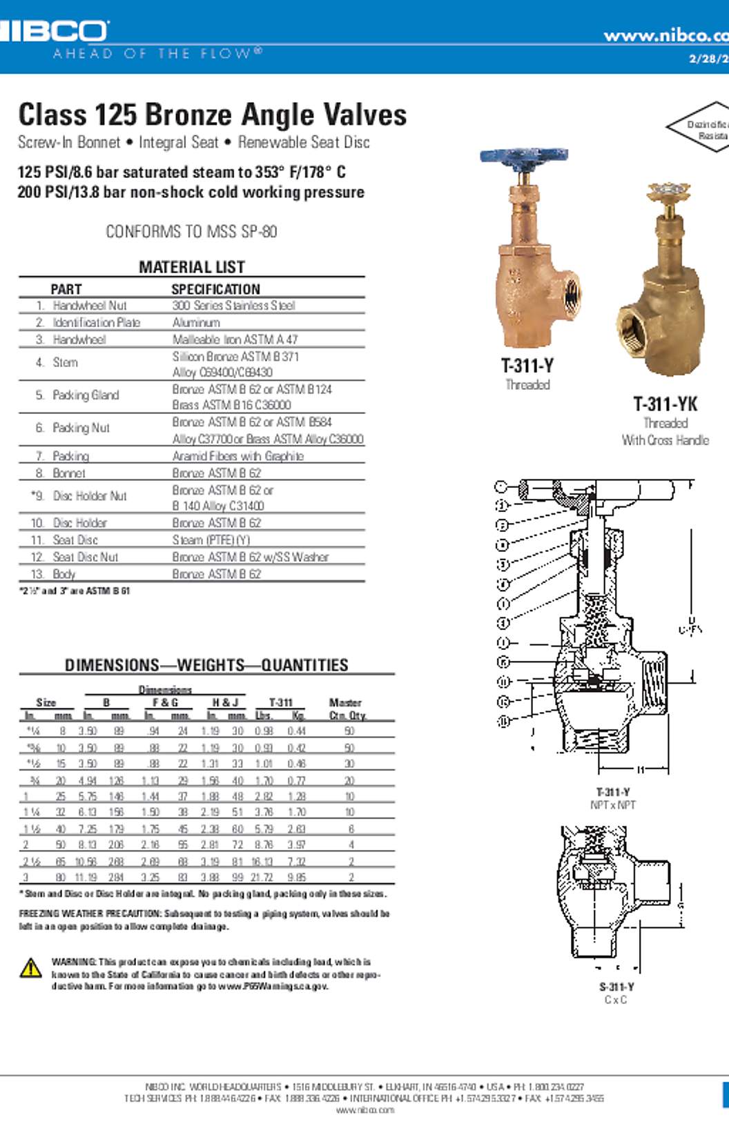NIBCO T-311-Y & T-311-YK Class 125 Bronze Angle Valves Submittal