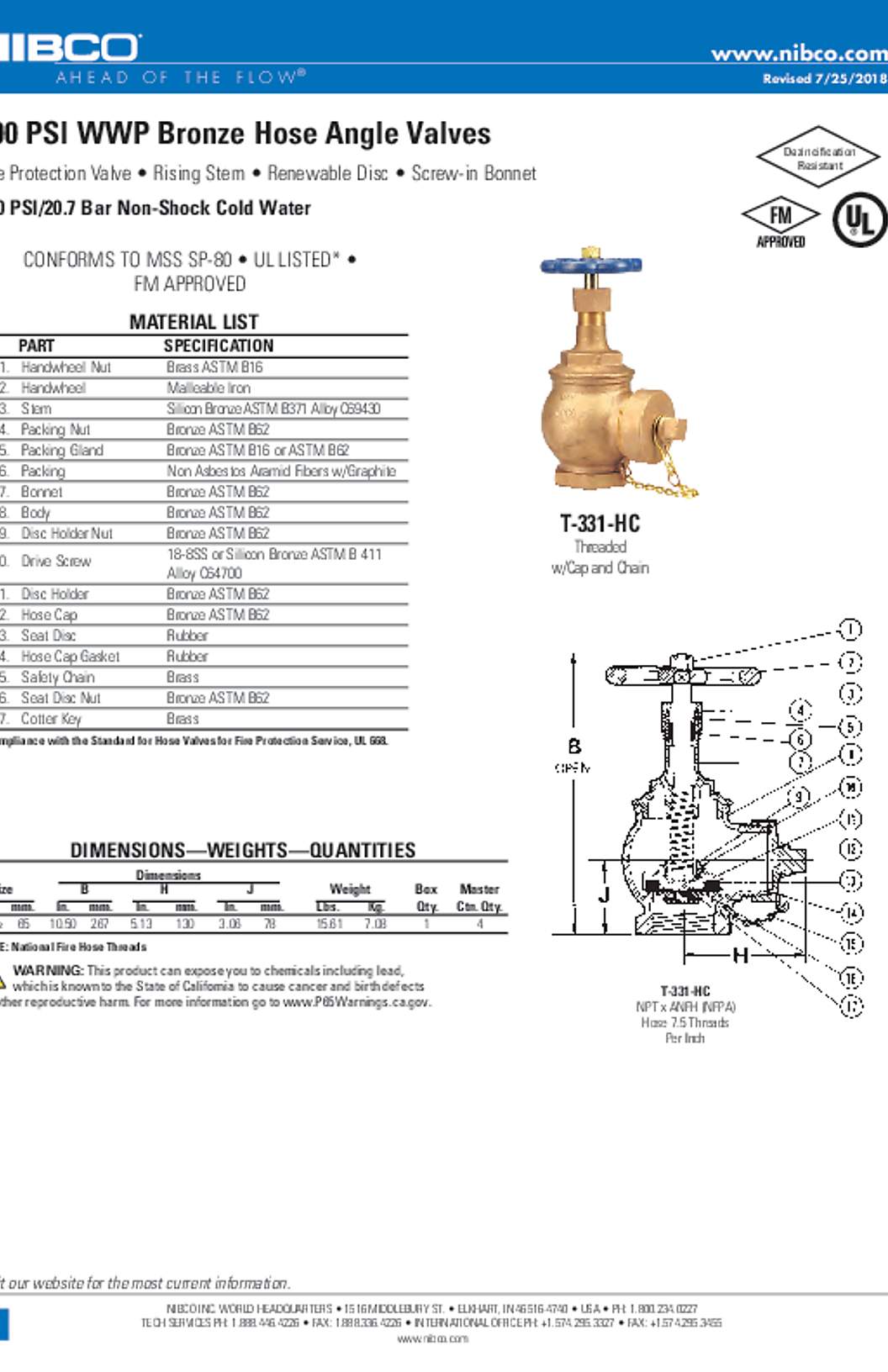 NIBCO T-331-HC 300 PSI WWP Bronze Hose Angle Valves Submittal