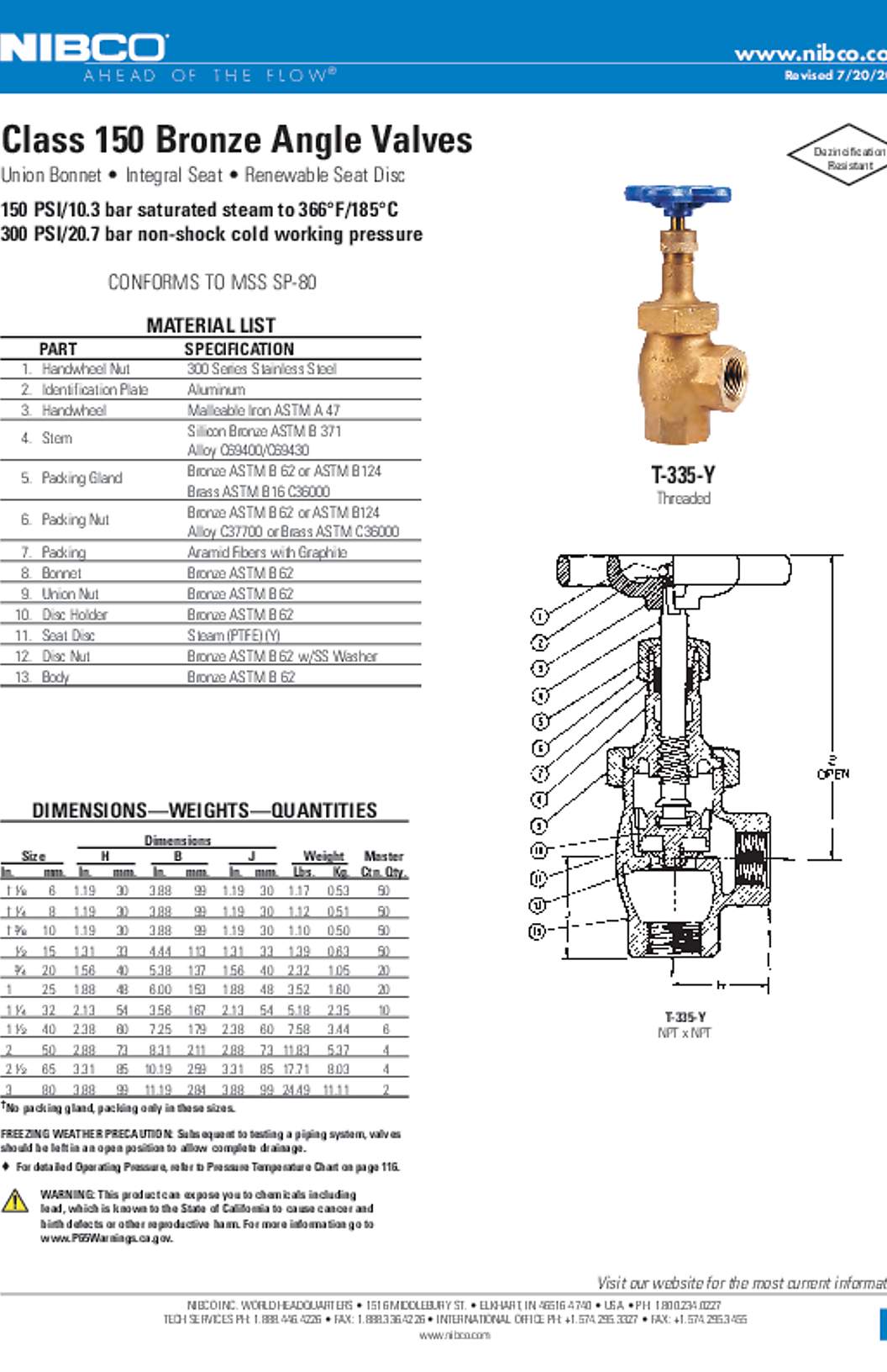 NIBCO T-335-Y Class 150 Bronze Angle Valves Submittal