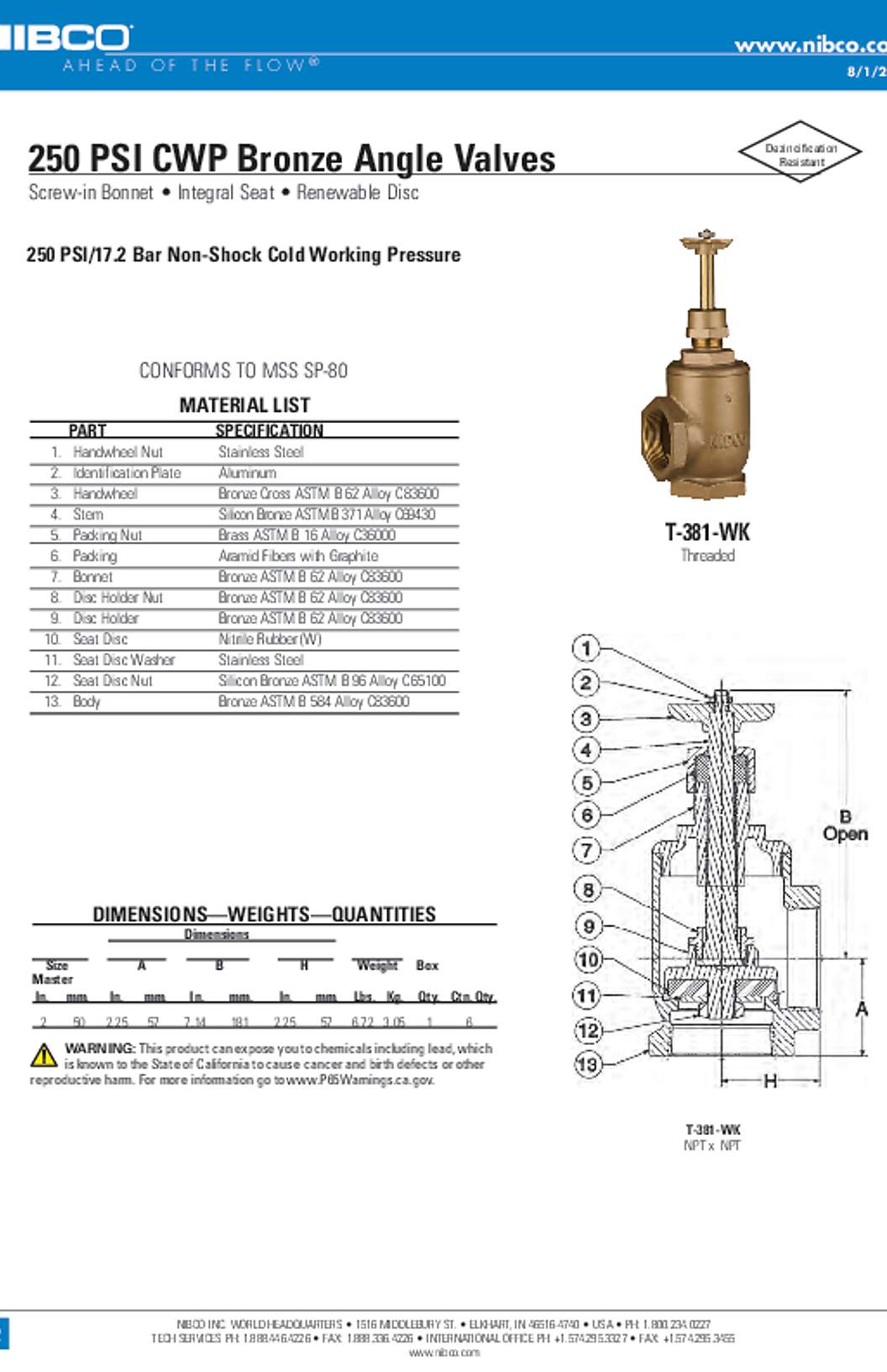 NIBCO T-381-WK 250 PSI CWP Bronze Angle Valves Submittal