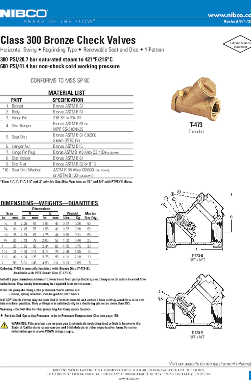 NIBCO T-473 Class 300 Bronze Check Valves Submittal