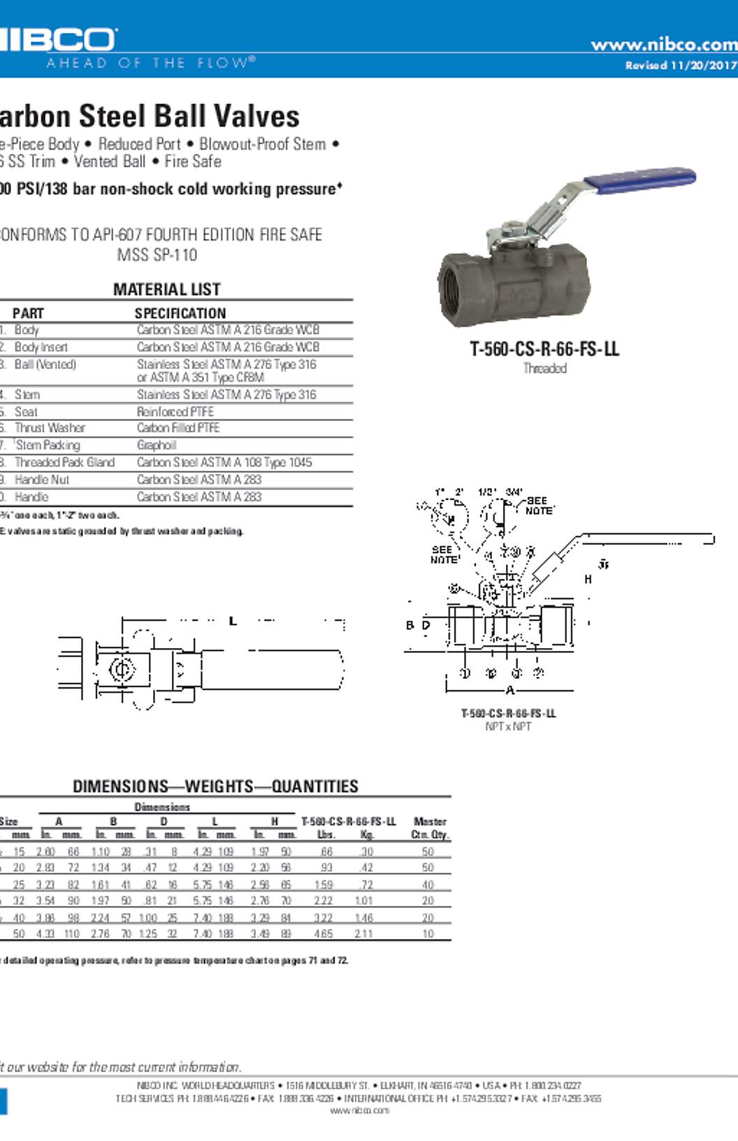 NIBCO T-560-CS-R-66-FS-LL Carbon Steel Ball Valves Submittal